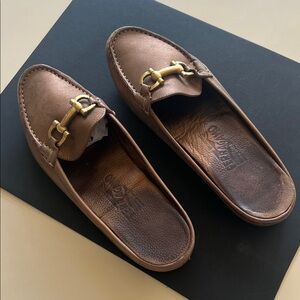 Salvatore Ferragamo Metallic Tan Leather Driver Mule Slip-Ons with Gold Hardware